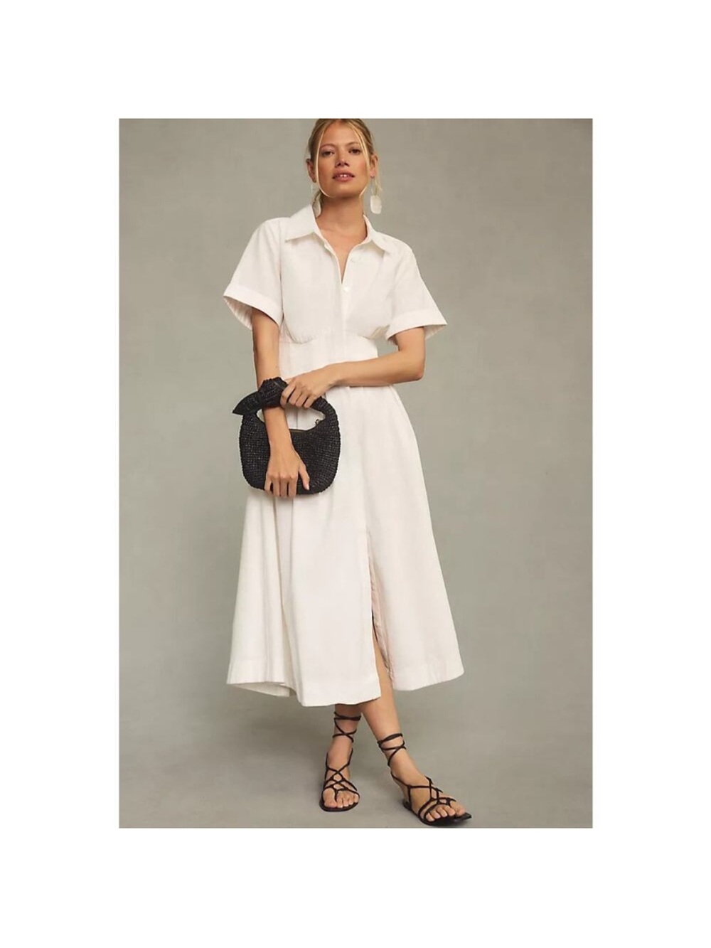 Aureta Cotton Linen Collared Midi Shirt Dress